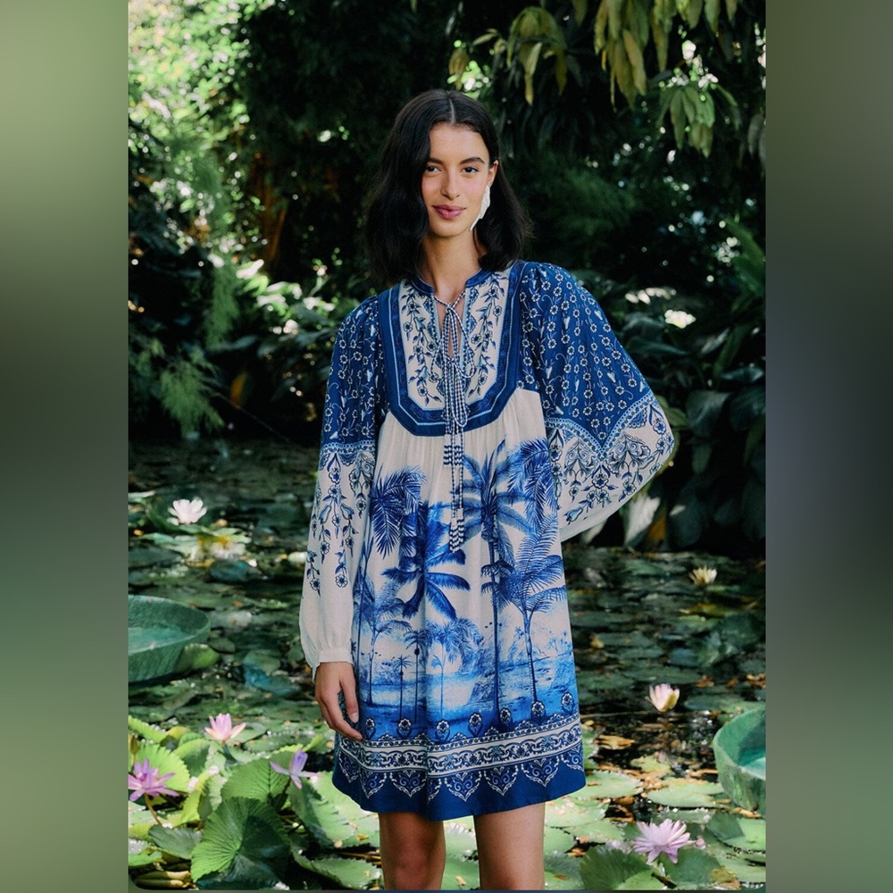 Farm Rio Off-White Palm Tree Beach Mini Dress